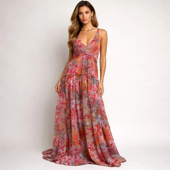 Free People Julianna Maxi Dress Red Cherry Floral Tiered Boho Summer Festival S - Picture 1 of 11